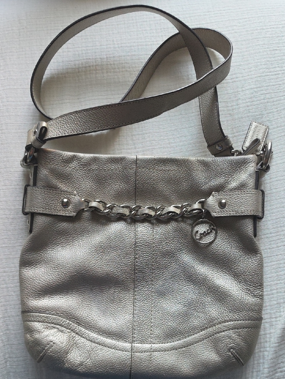 Coach Metallic Silver Leather Chain-Detail Women's Shoulder Bag